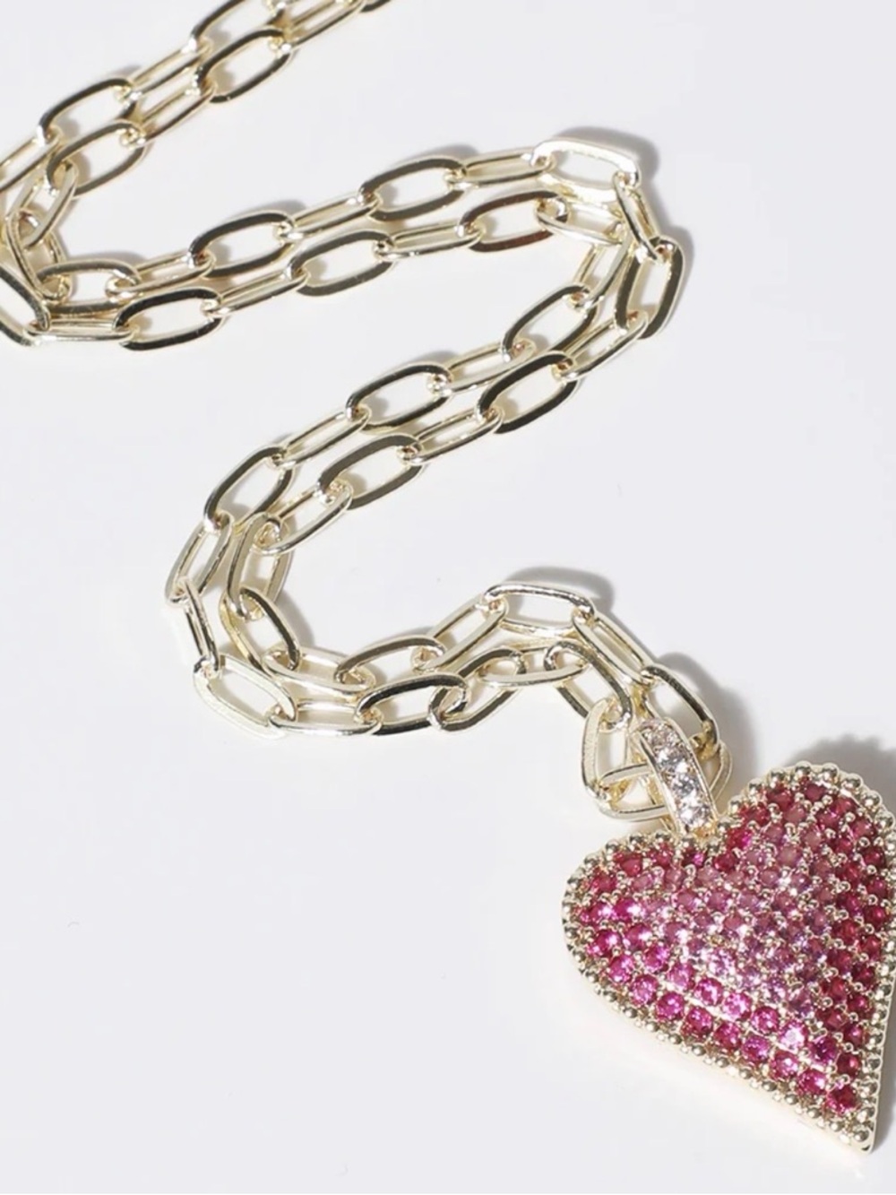 14K Gold Plated- Necklace with Pink Pave Heart Pendant